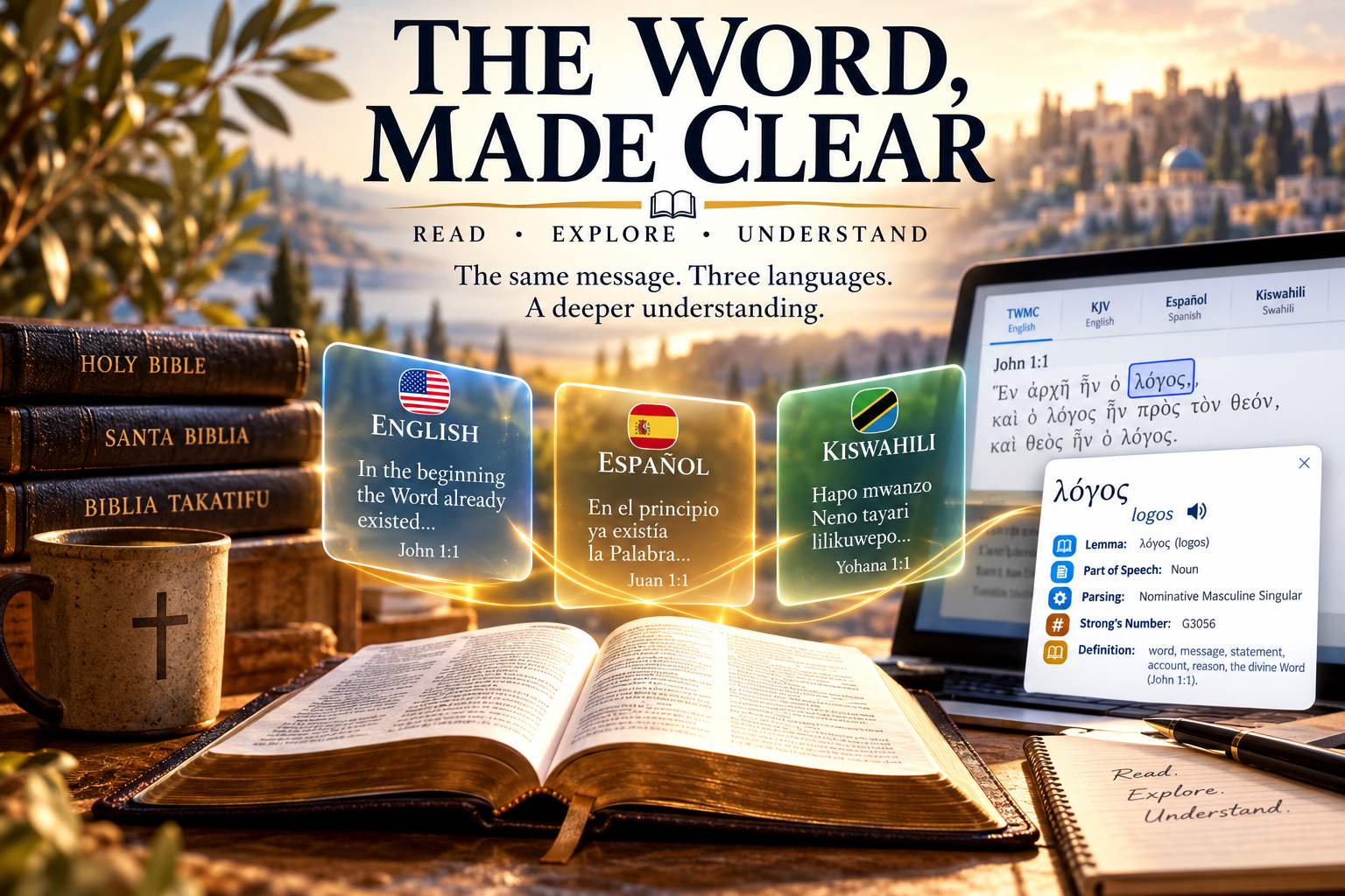The Word, Made Clear Bible Study Trio: English, Spanish and Kiswahili with Greek word study.